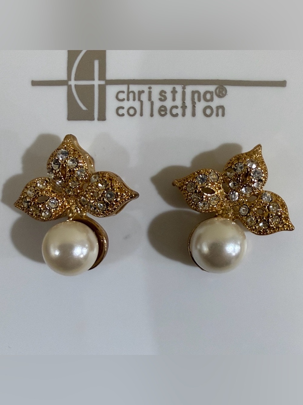 Gold Crystal Floral Pearl Earrings